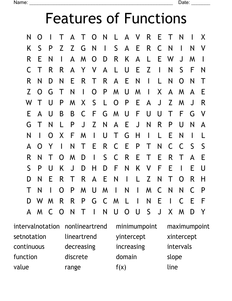 Features of Functions Word Search