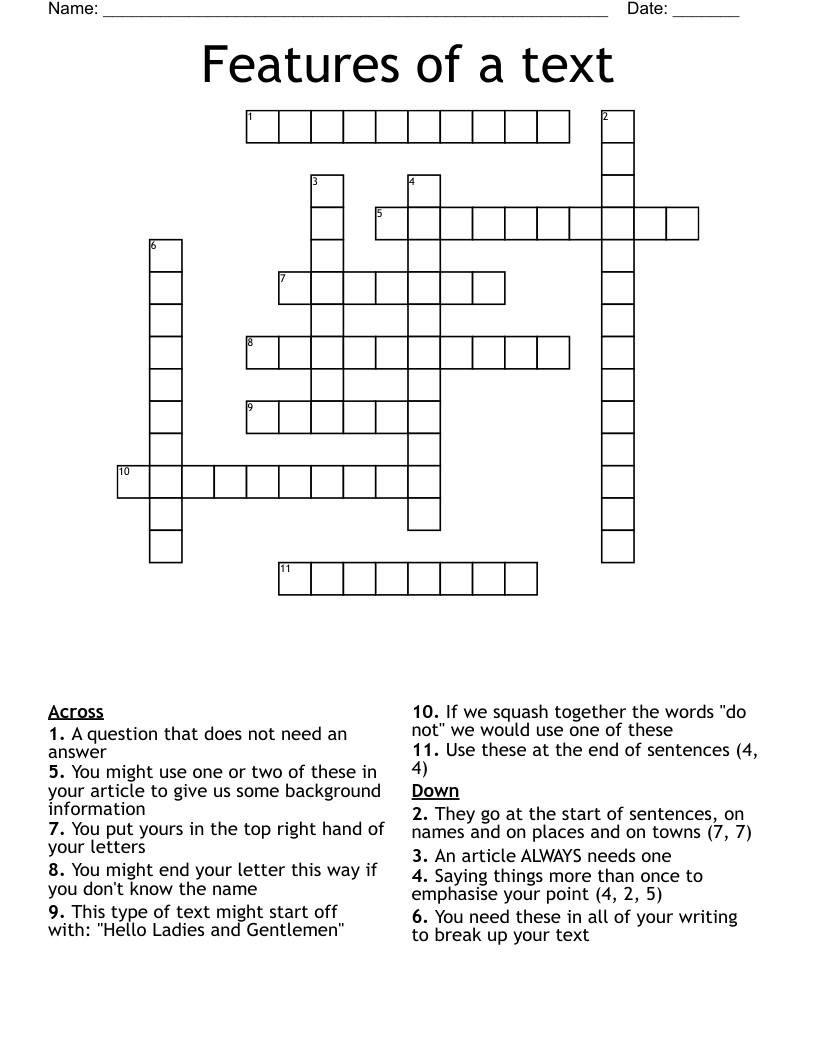 Features of a text Crossword