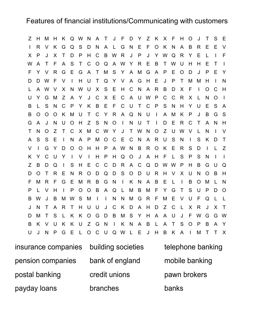 Features of financial institutions/Communicating with customers Word Search