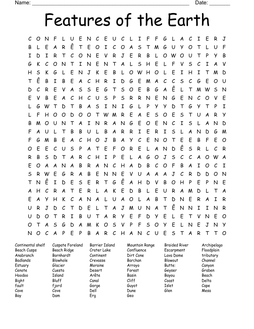 Features of the Earth Word Search