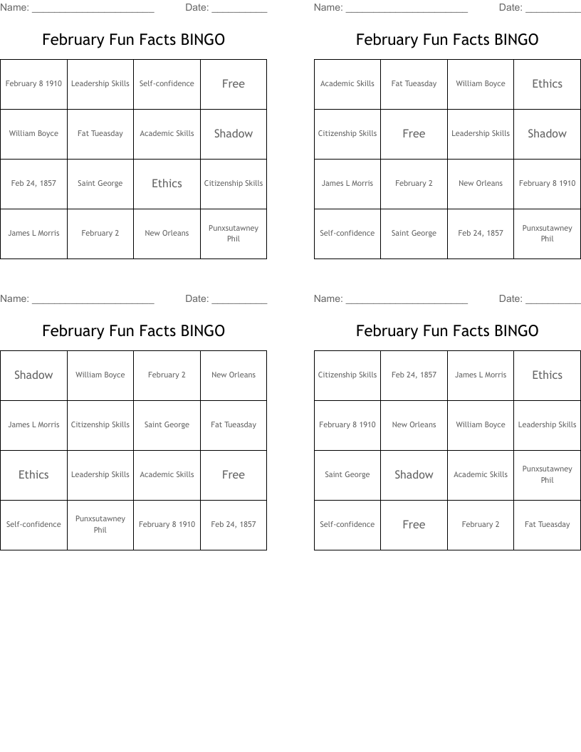 February Fun Facts BINGO