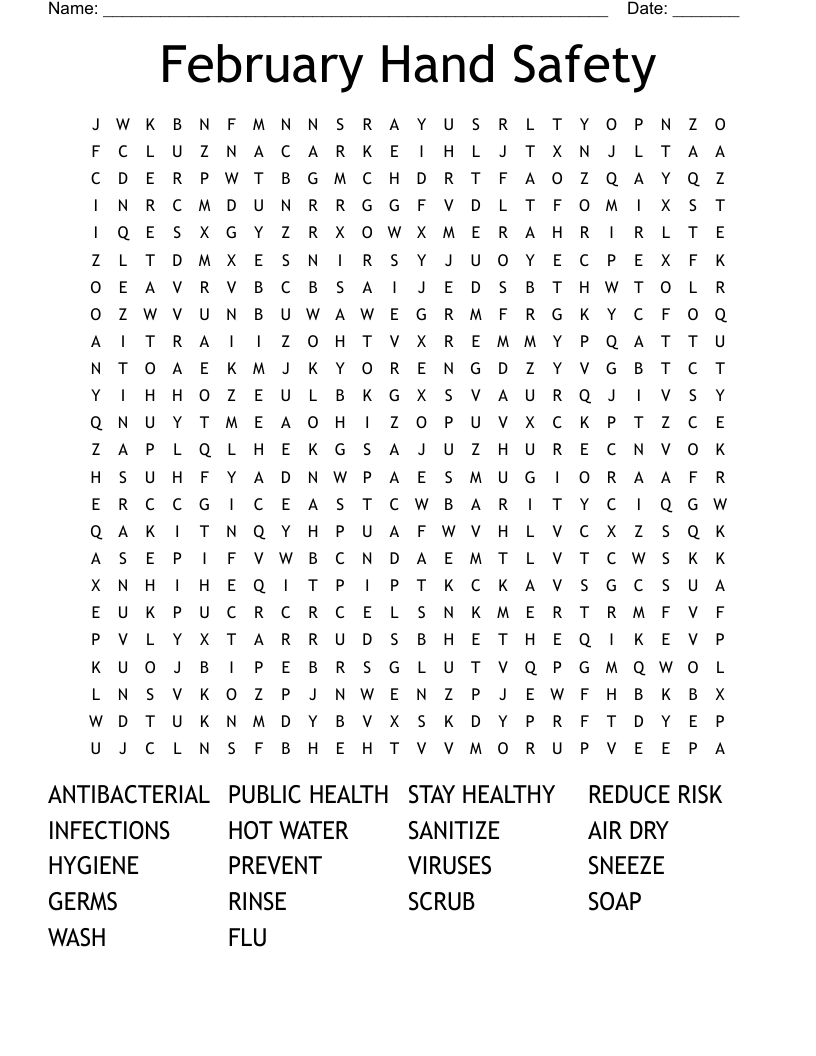 February Hand Safety Word Search