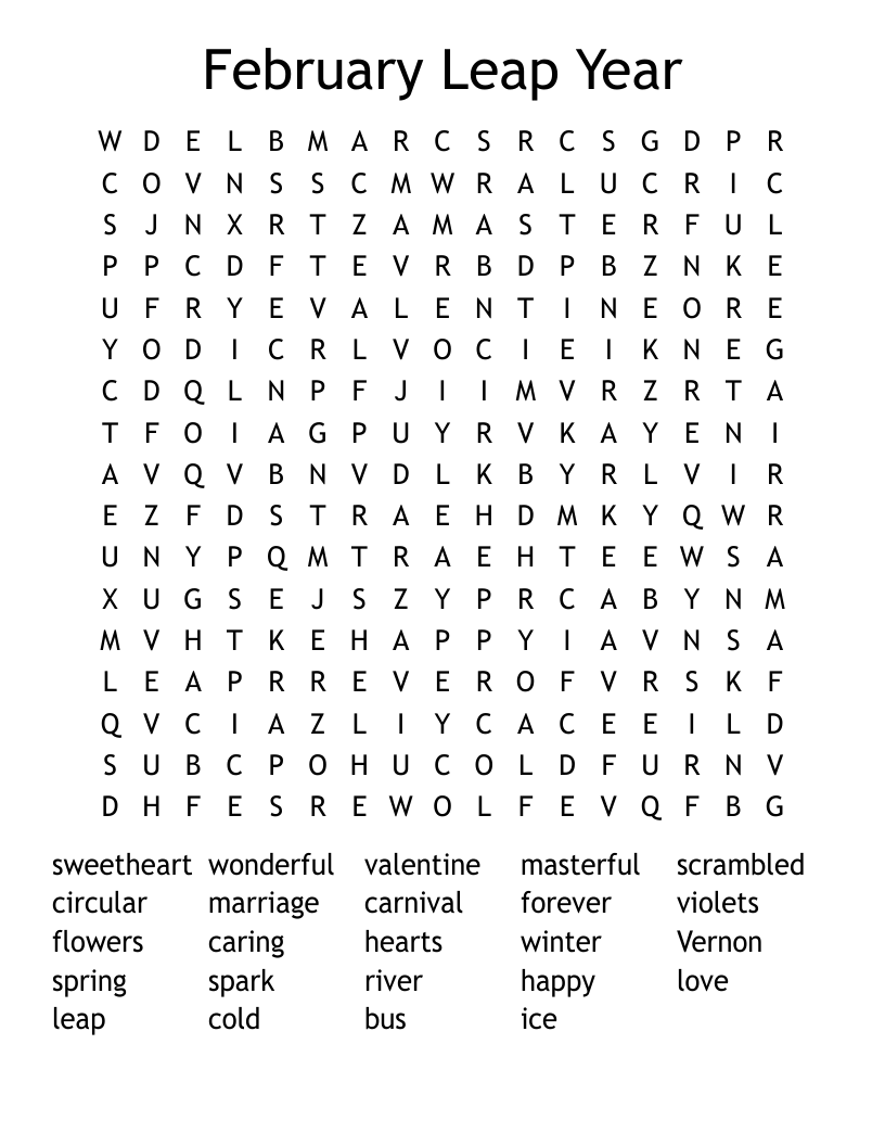 February Leap Year Word Search