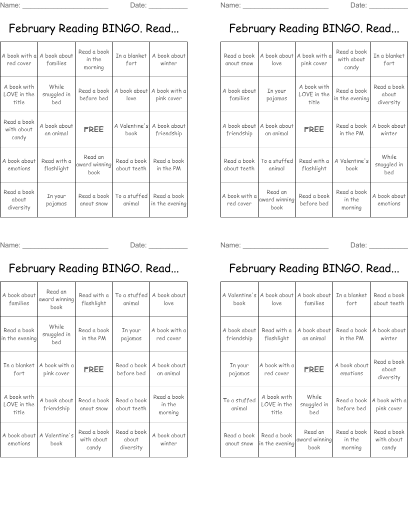 February Reading BINGO.  Read...