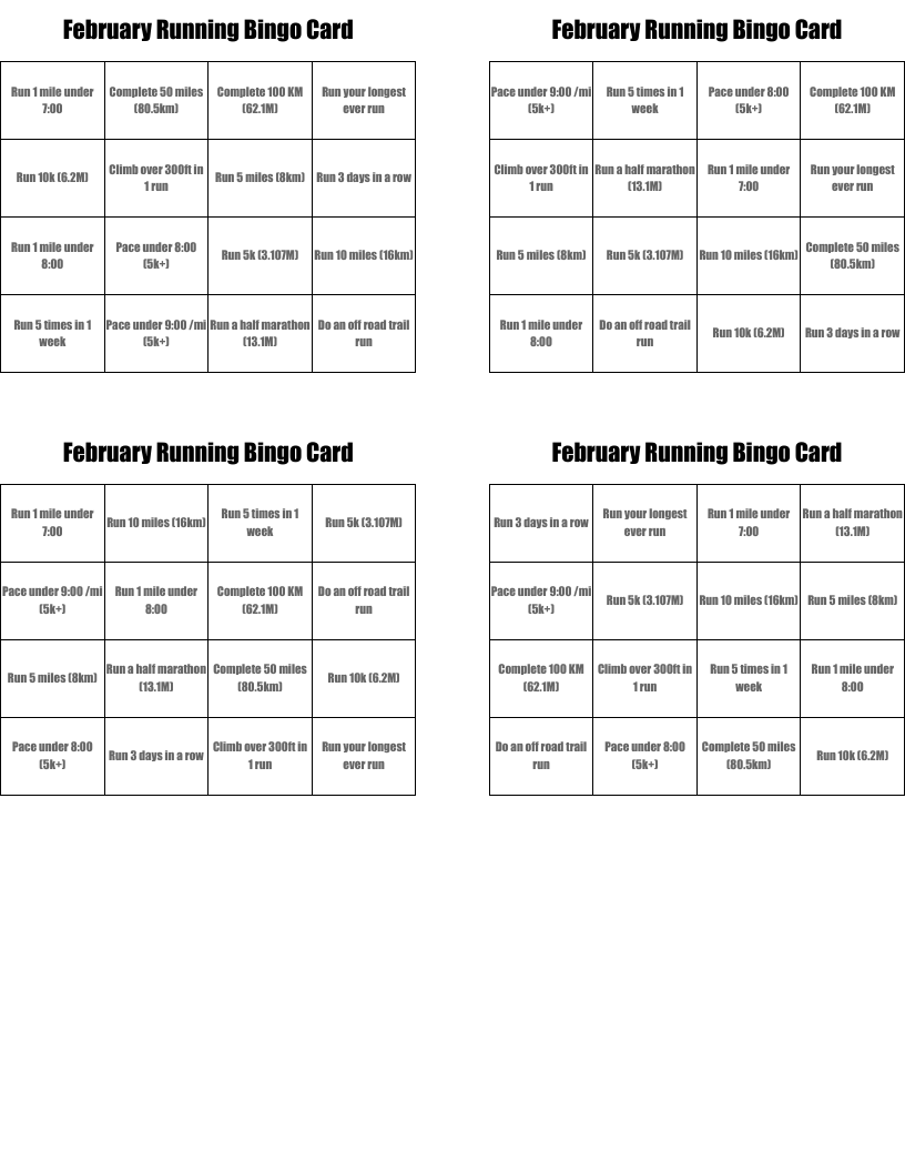 February Running Bingo Card