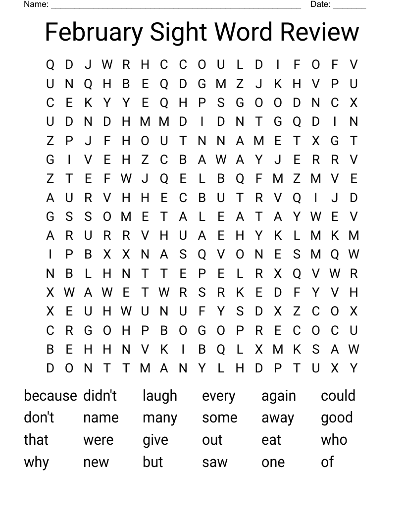 February Sight Word Review Word Search