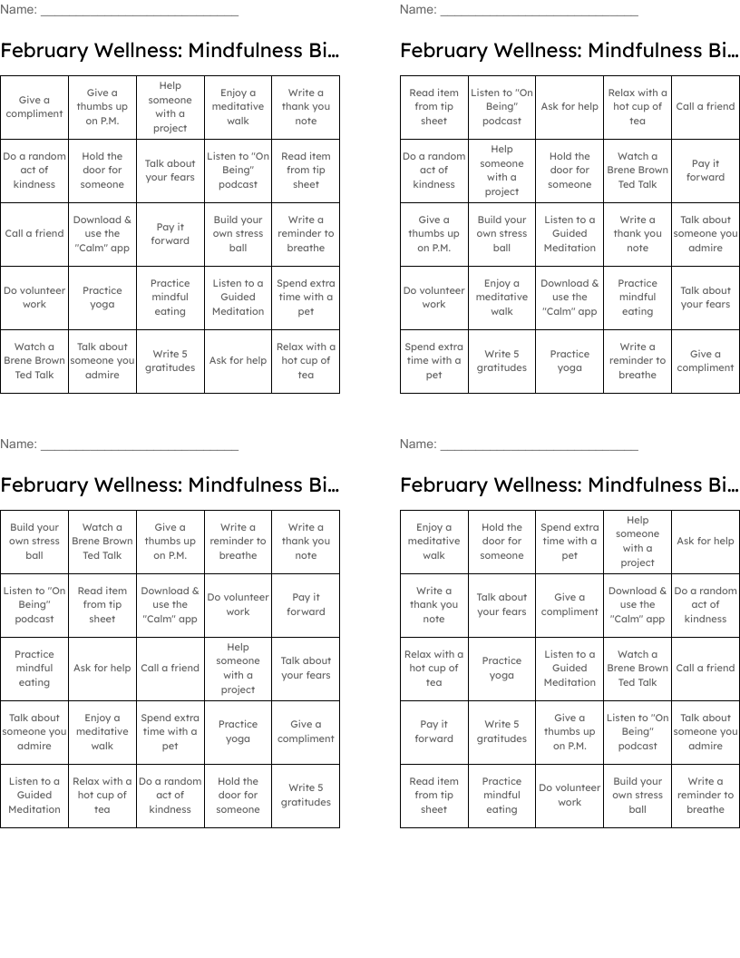 February Wellness: Mindfulness Bingo
