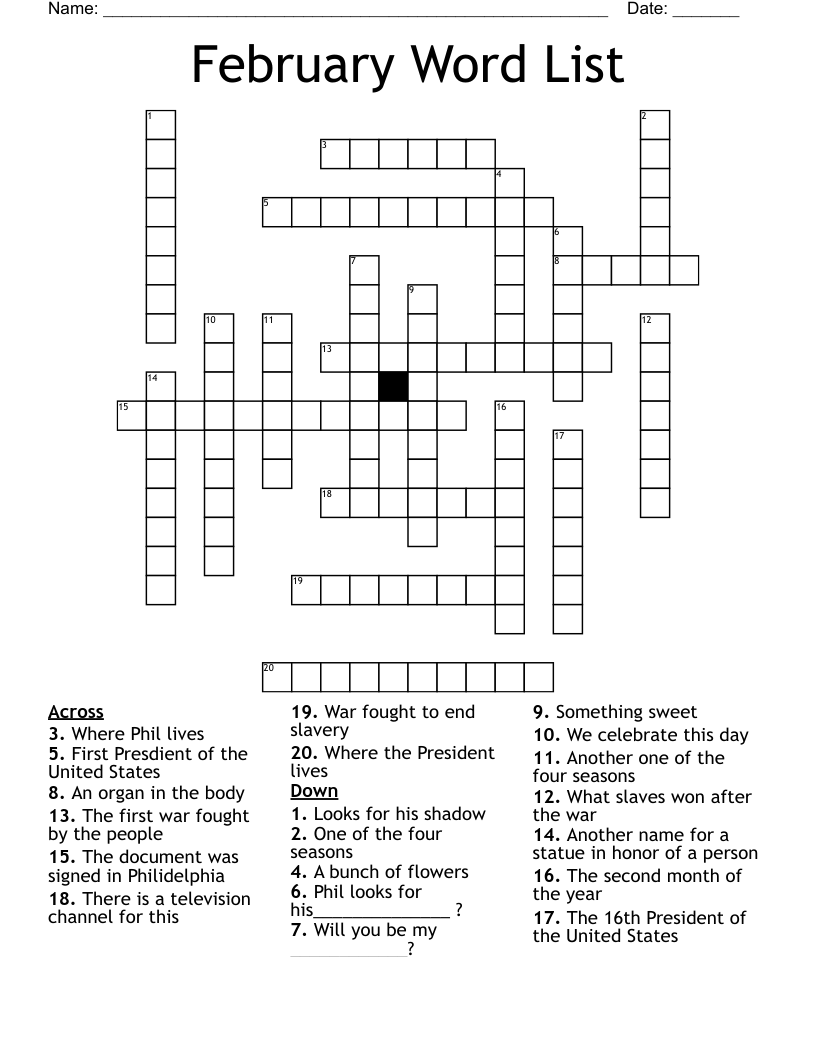 February Word List Crossword
