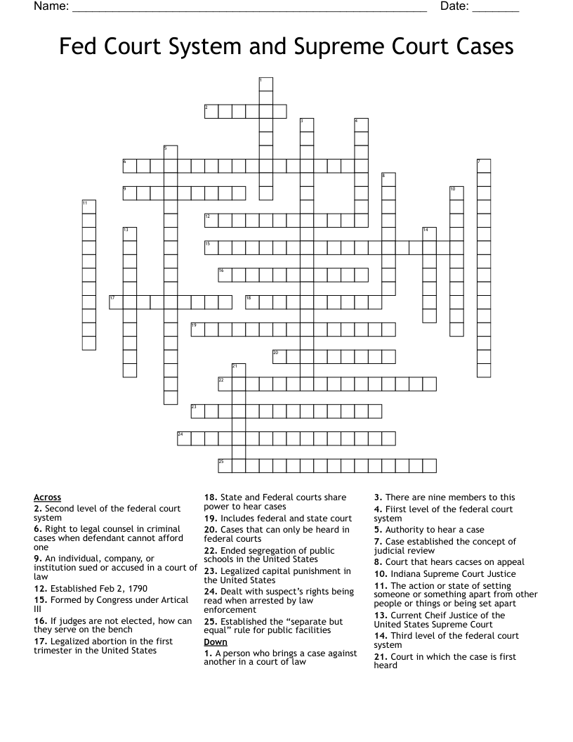 Fed Court System and Supreme Court Cases Crossword