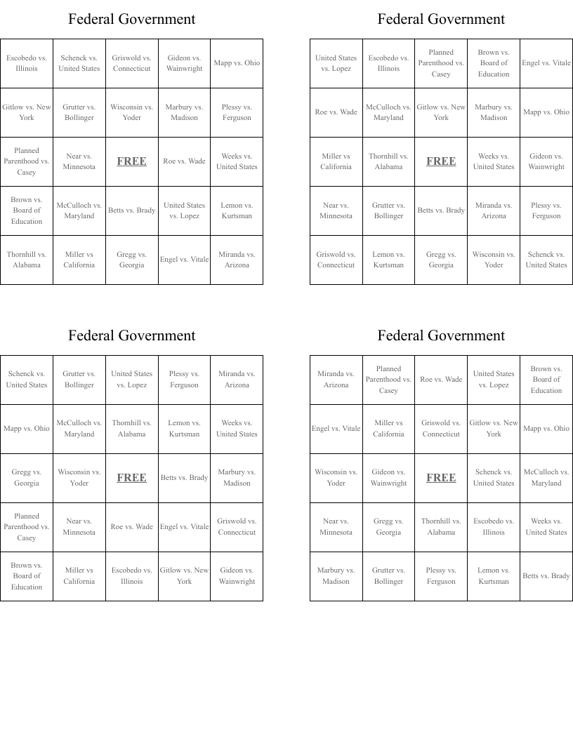Federal Government Bingo Cards