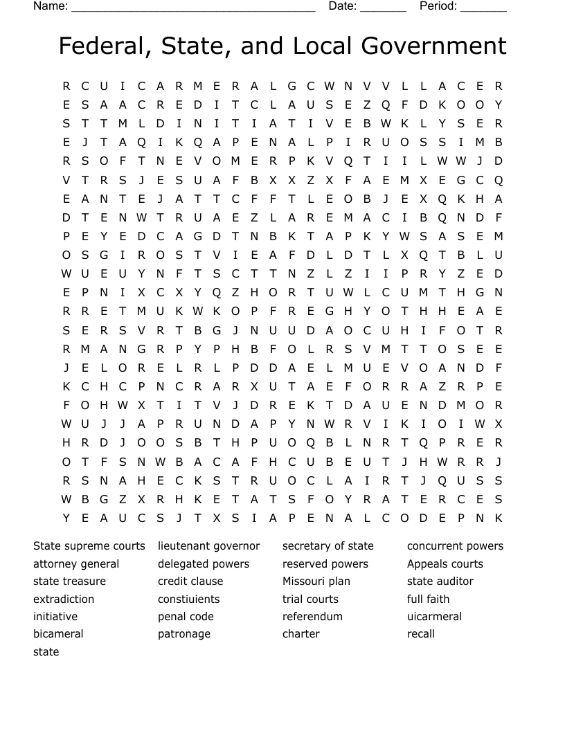 Federal, State, and Local Government Word Search
