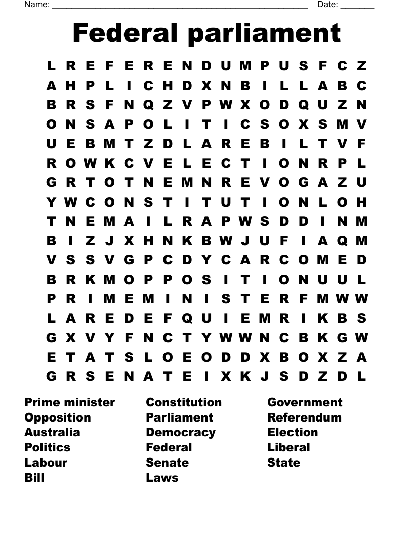 Federal parliament  Word Search