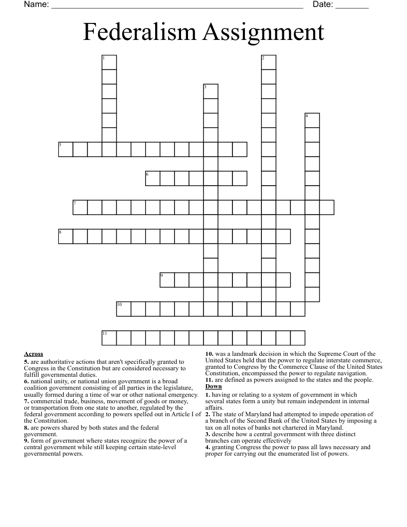 Federalism Assignment Crossword