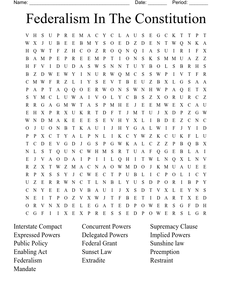 Federalism In The Constitution  Word Search