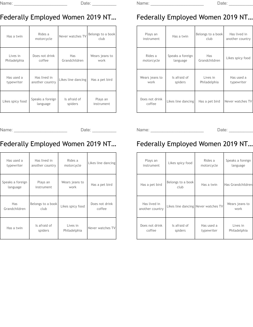 Federally Employed Women 2019 NTP Bingo