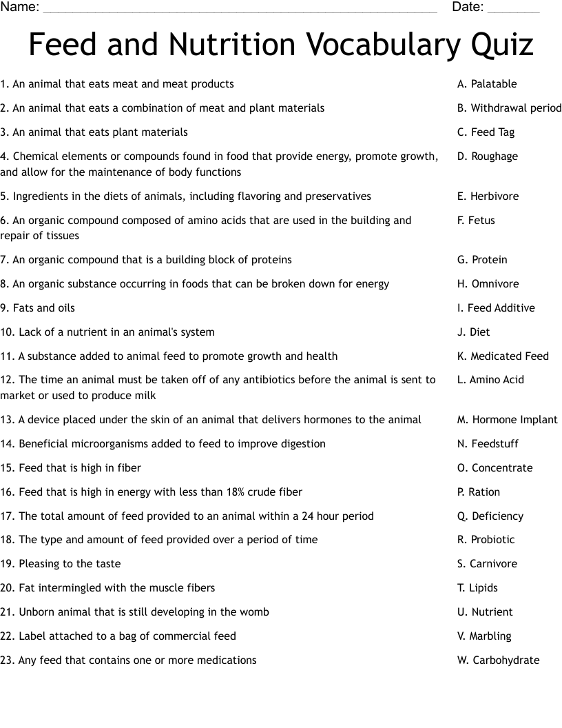 Feed and Nutrition Vocabulary Quiz Worksheet
