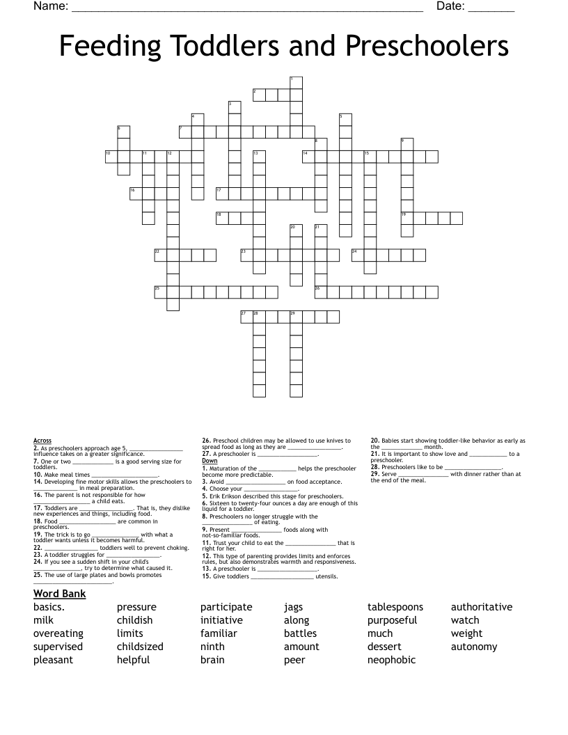 Feeding Toddlers and Preschoolers Crossword