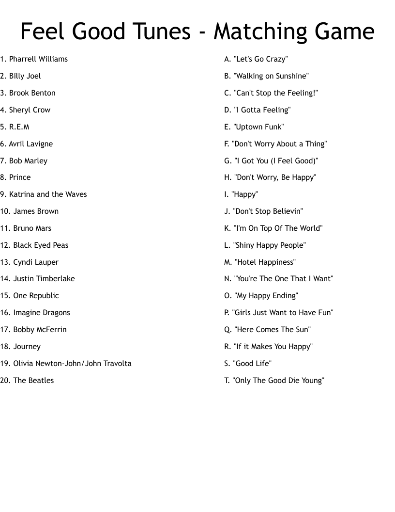 Feel Good Tunes - Matching Game Worksheet