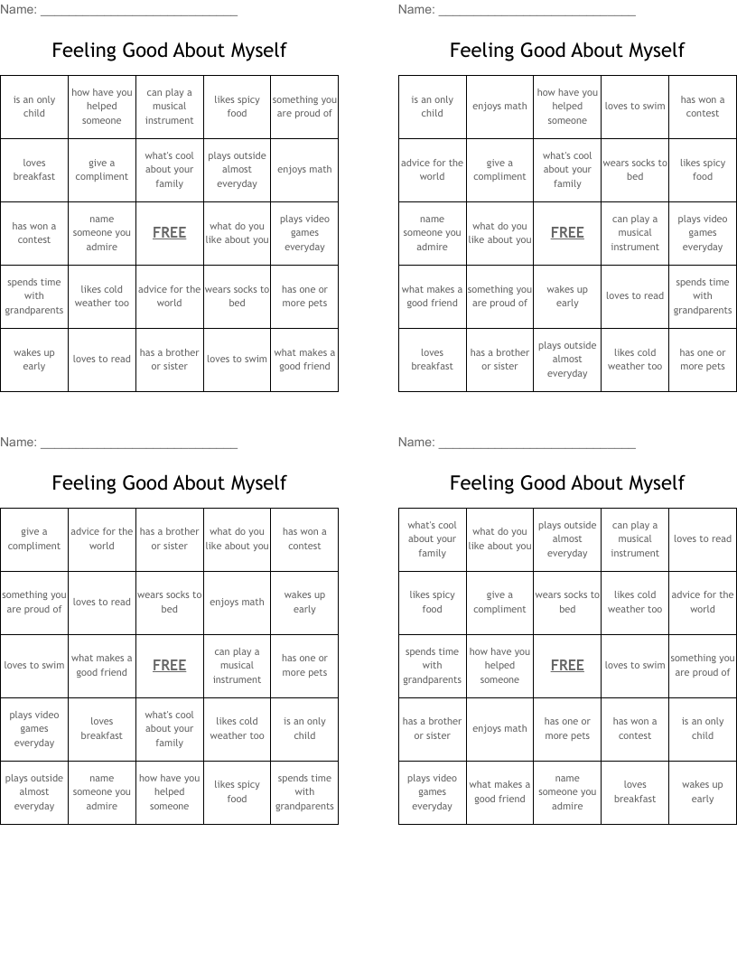 Feeling Good About Myself Bingo Cards