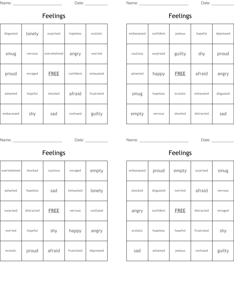 Feelings Bingo Cards
