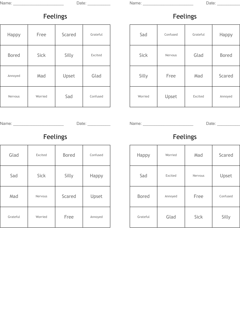 Feelings Bingo Cards