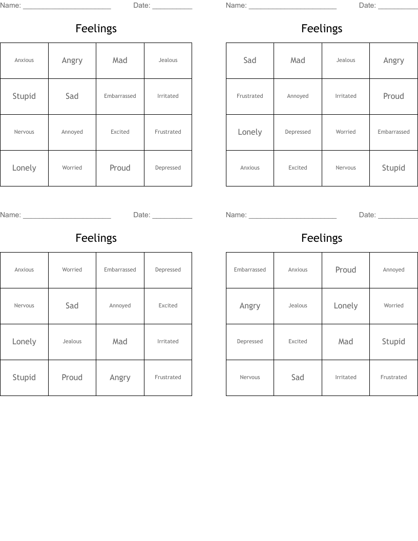 Feelings Bingo Cards