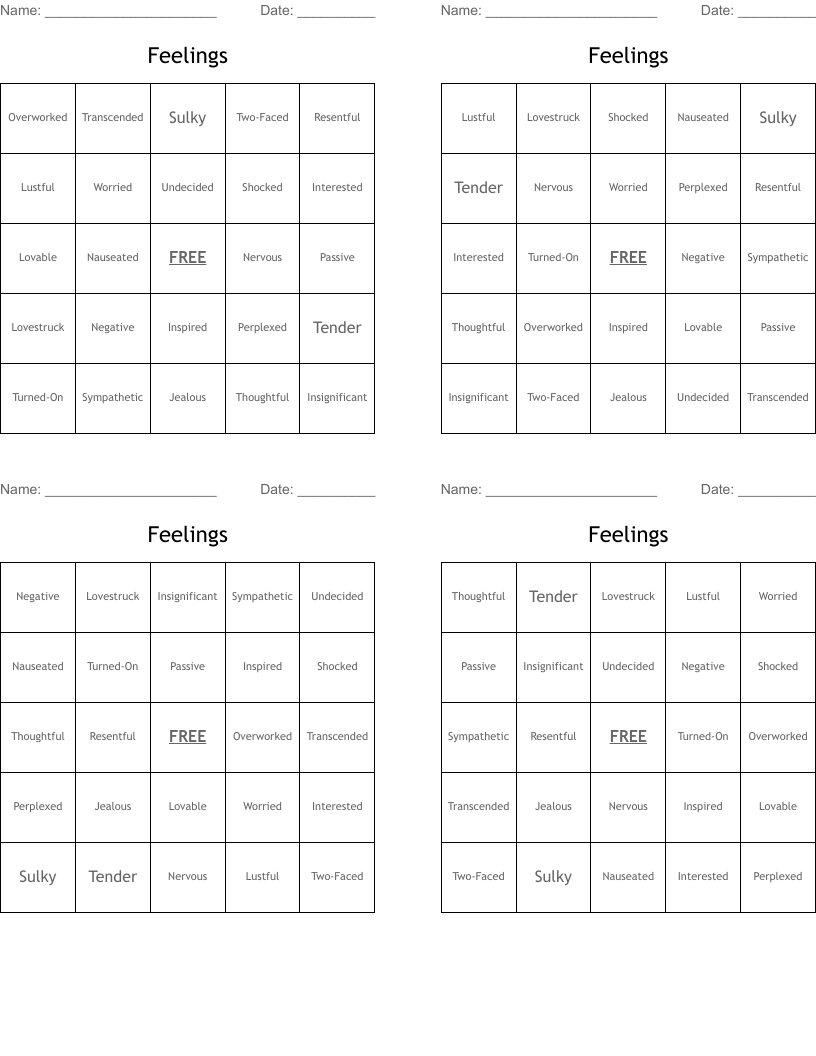 Feelings Bingo Cards