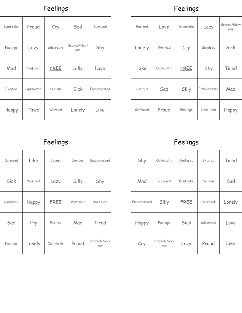 Feelings Bingo Cards