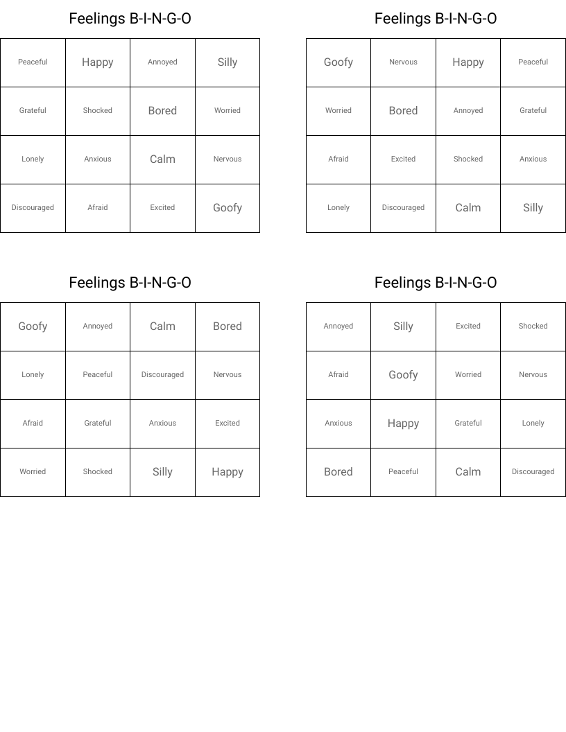 Feelings B-I-N-G-O Bingo Cards