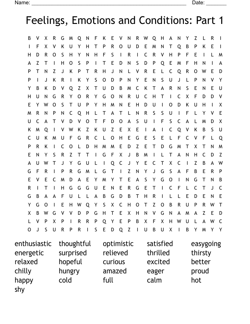 Feelings, Emotions and Conditions: Part 1 Word Search
