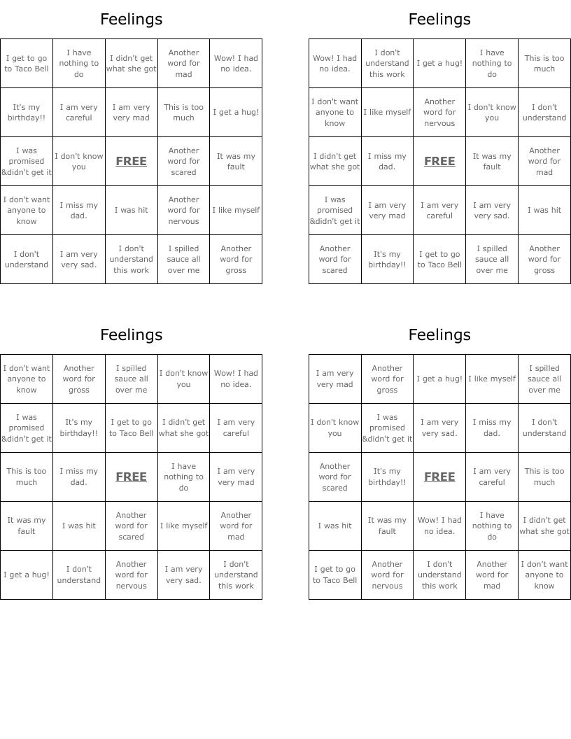 Feelings  Bingo Cards