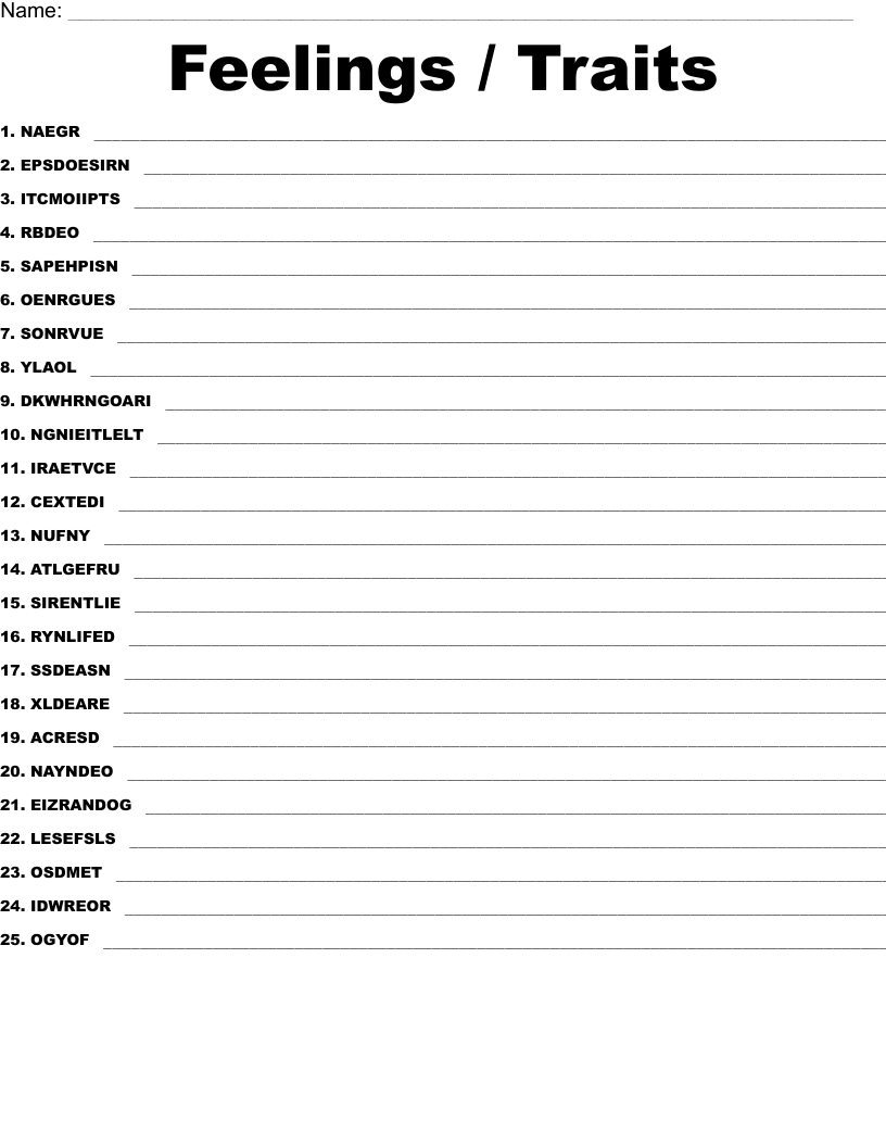 Feelings / Traits Word Scramble