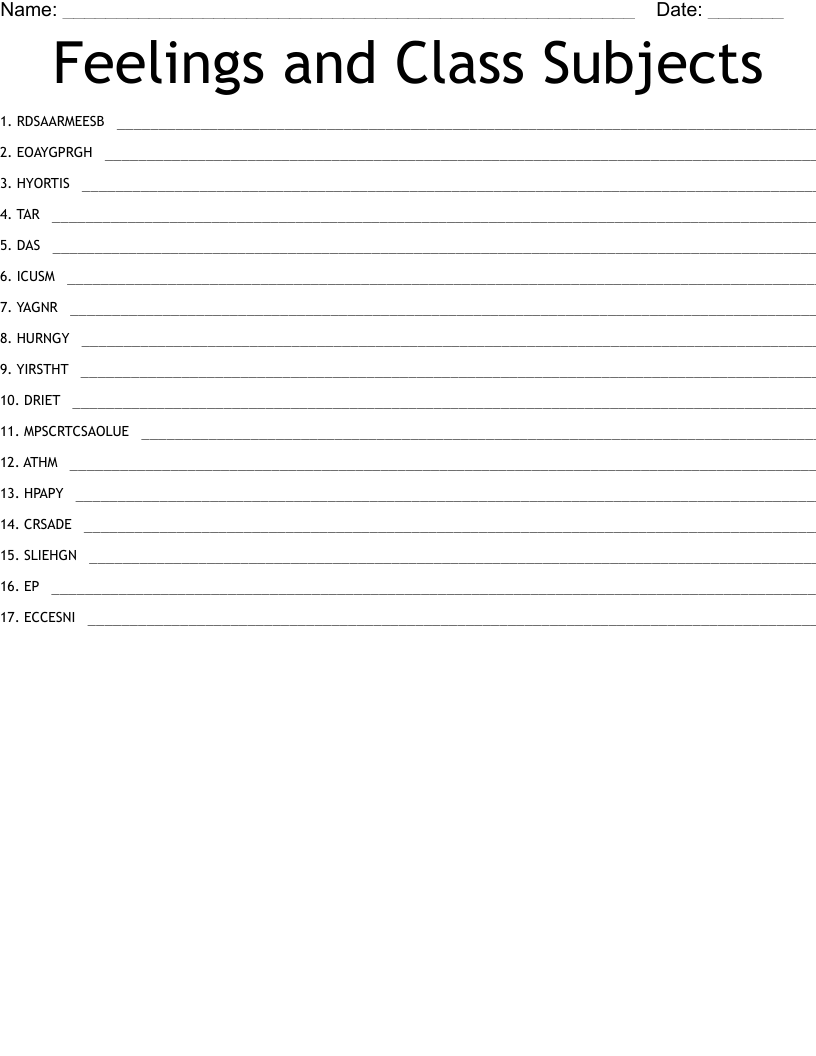 Feelings and Class Subjects Word Scramble