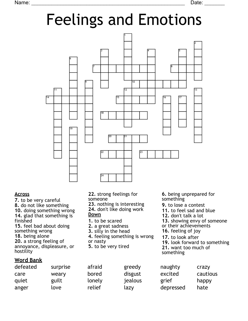 Feelings and Emotions Crossword