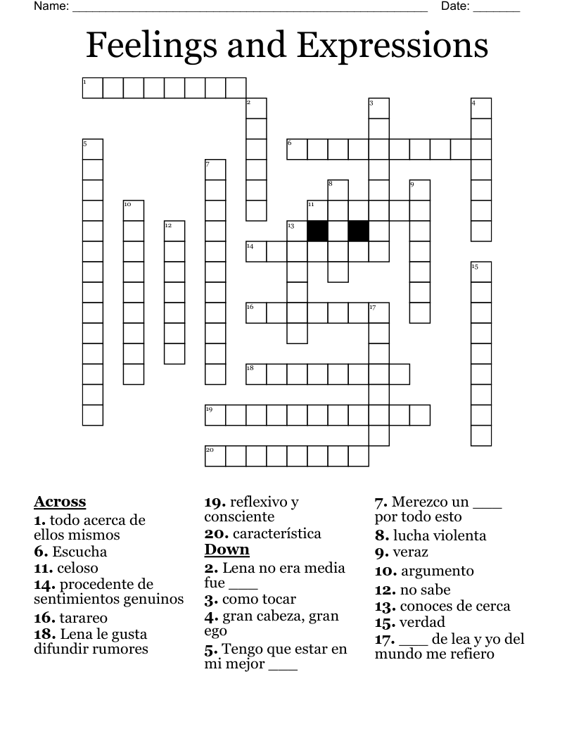 Feelings and Expressions Crossword
