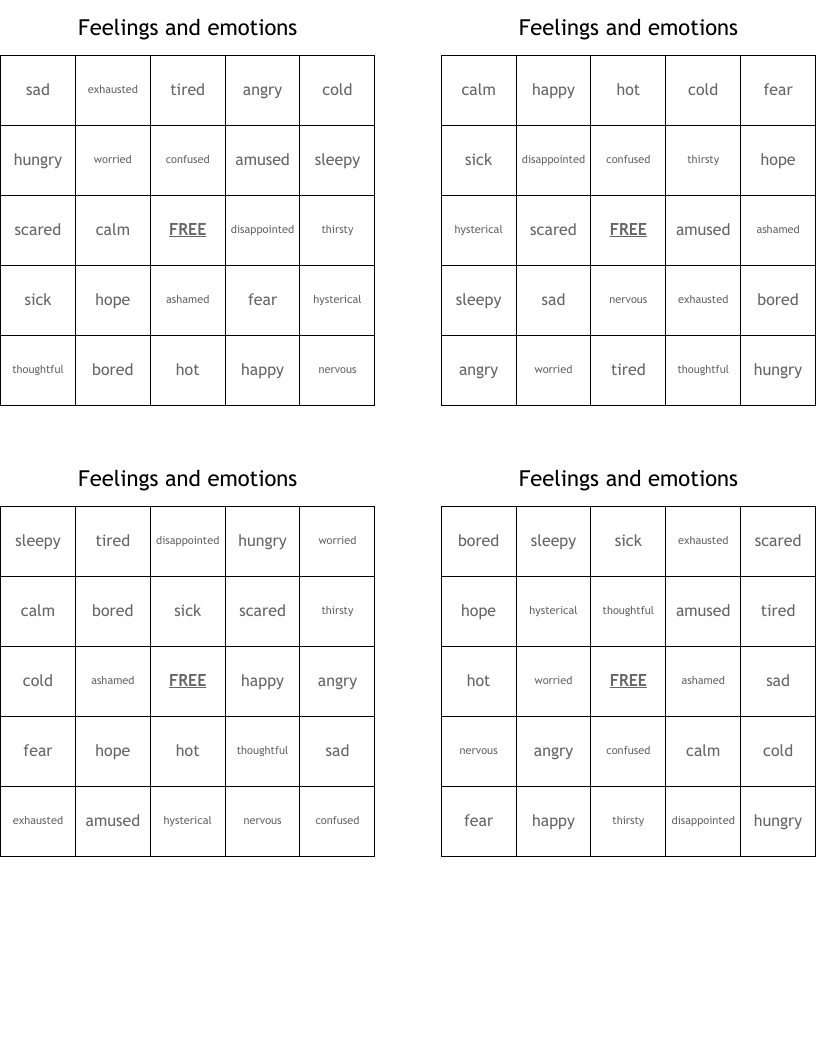 Feelings and emotions Bingo Cards