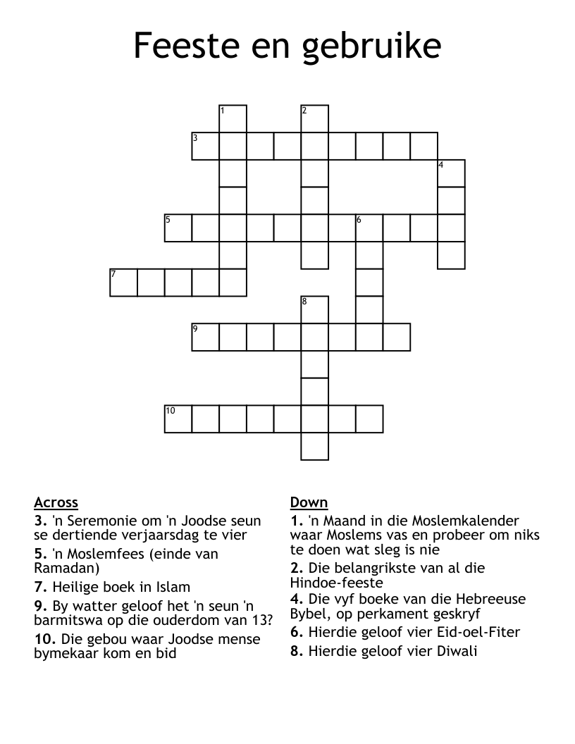 Feeste en gebruike Crossword