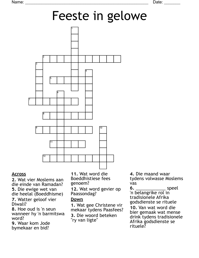 Feeste in gelowe Crossword