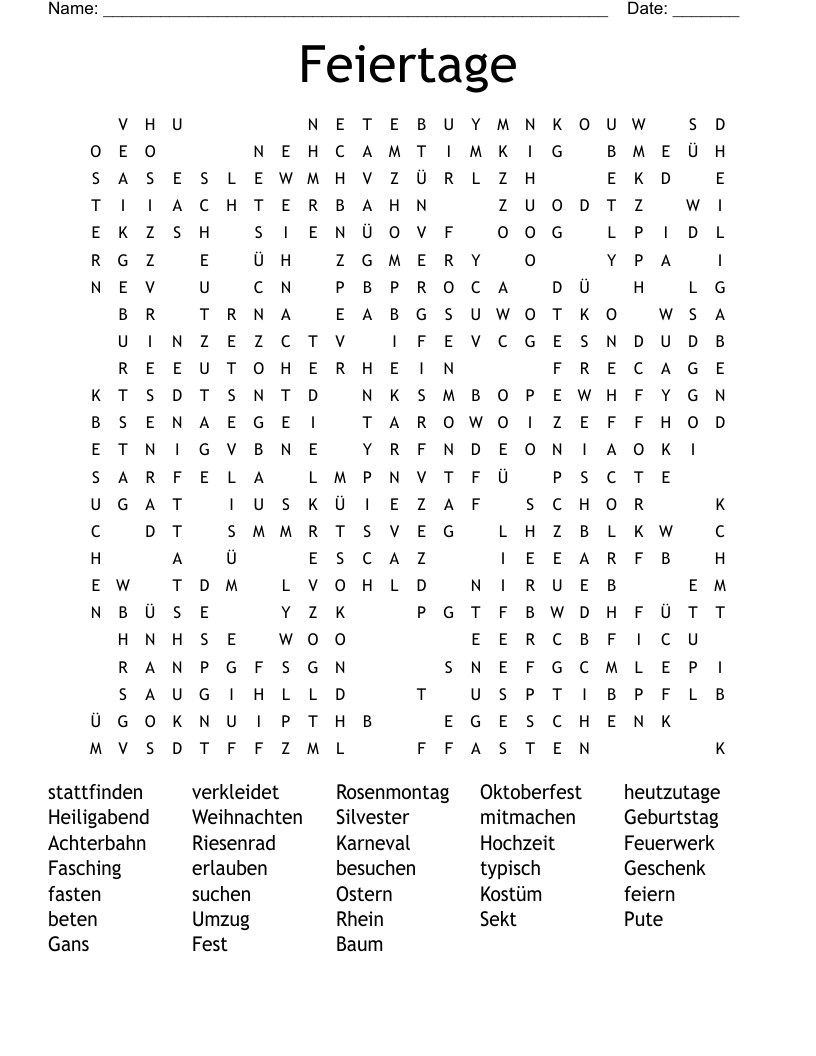 Feiertage Word Search
