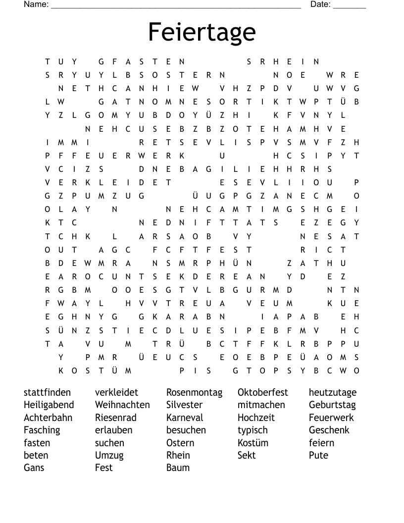 Feiertage Word Search