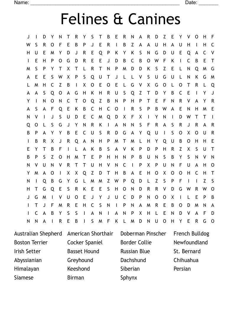 Felines & Canines Word Search
