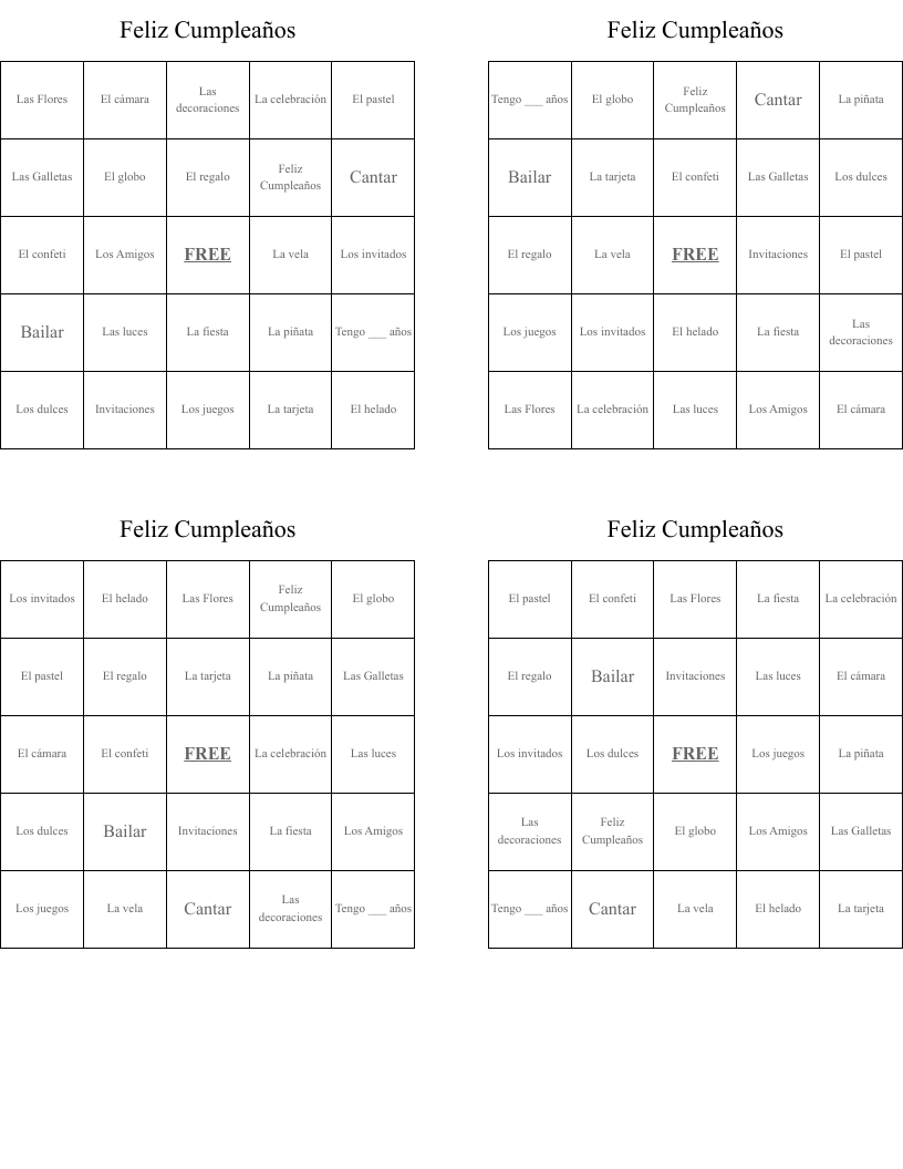 Feliz Cumpleaños Bingo Cards