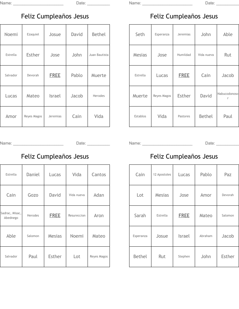 Feliz Cumpleaños Jesus Bingo Cards