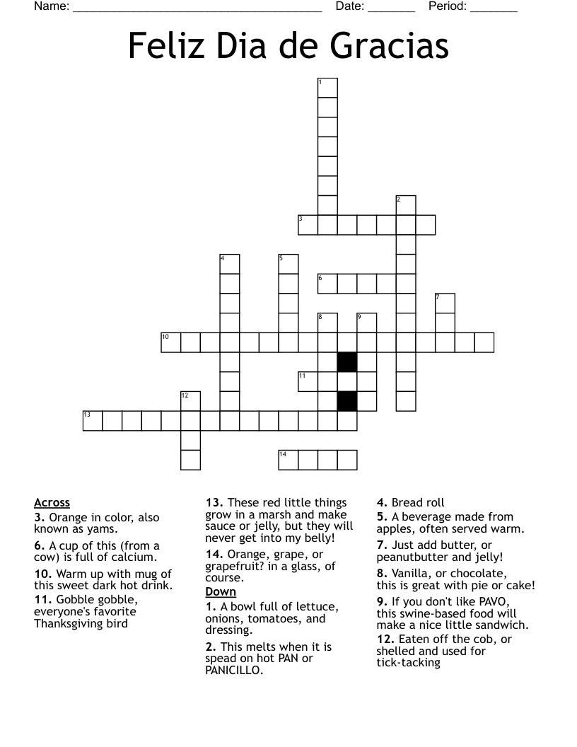 Feliz Dia de Gracias Crossword