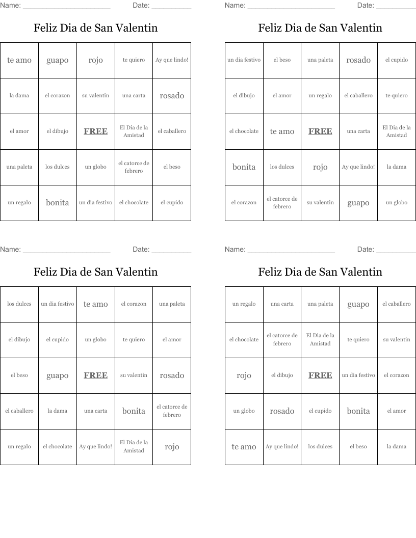 Feliz Dia de San Valentin Bingo Cards