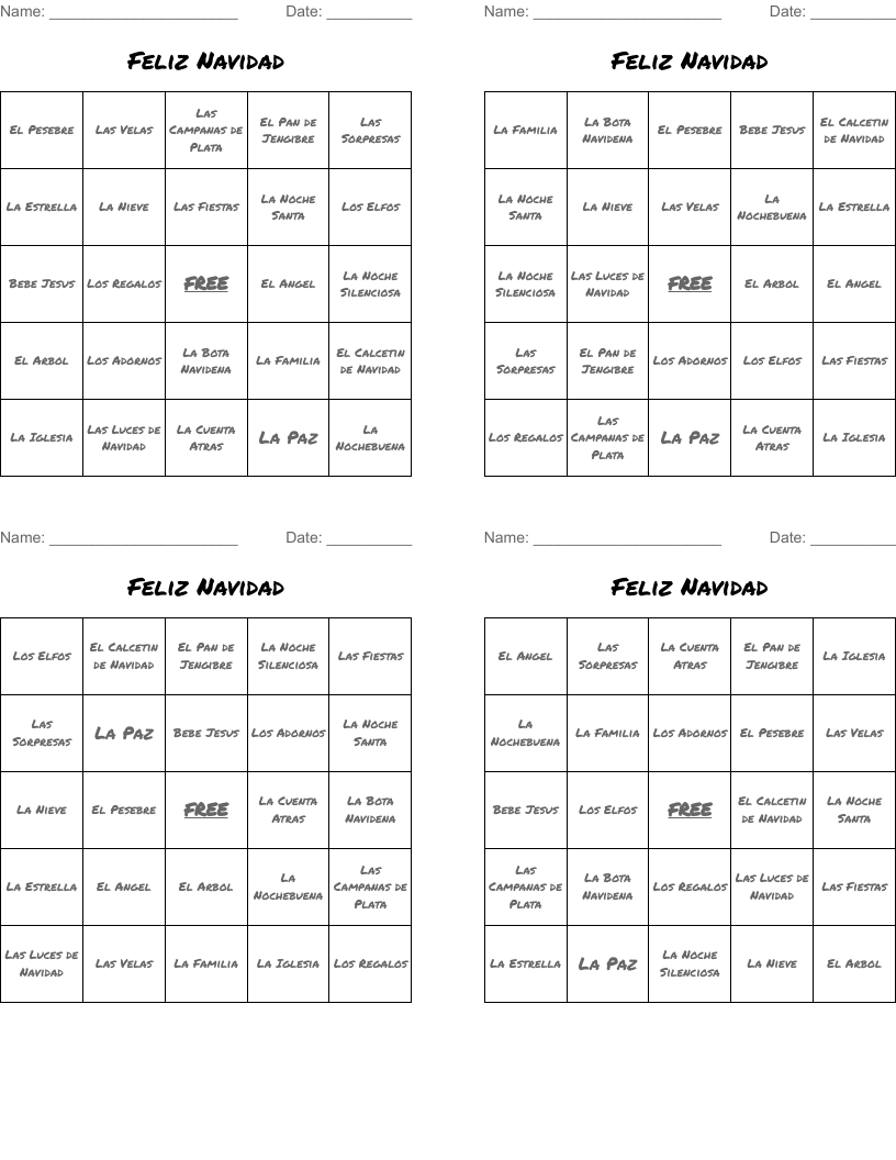 Feliz Navidad Bingo Cards