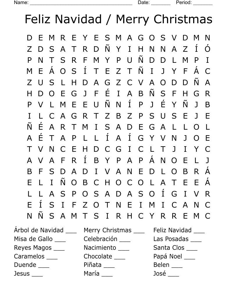 Feliz Navidad / Merry Christmas Word Search