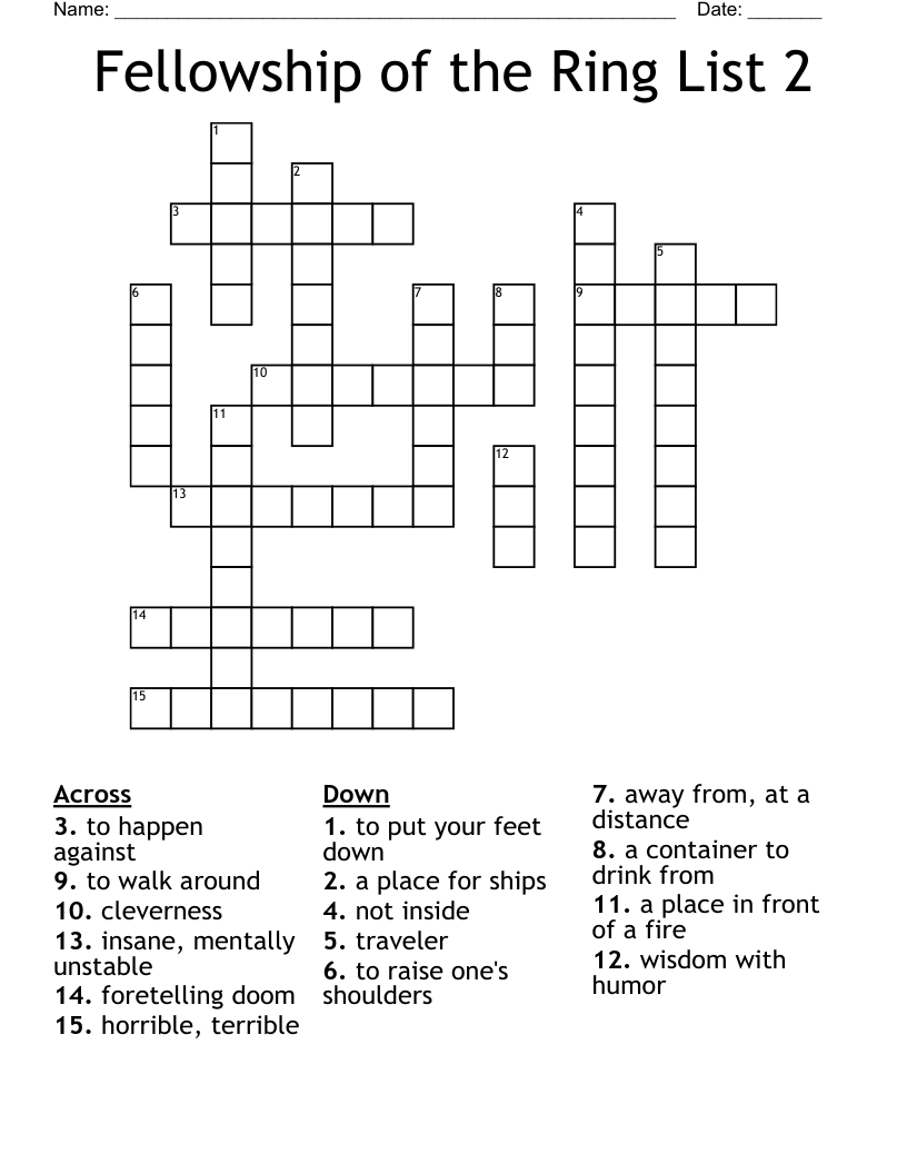 Fellowship of the Ring List 2 Crossword