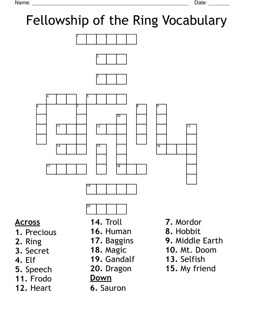 Fellowship of the Ring Vocabulary Crossword