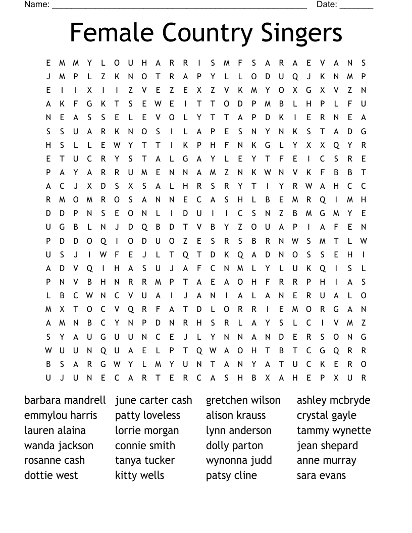 Female Country Singers Word Search